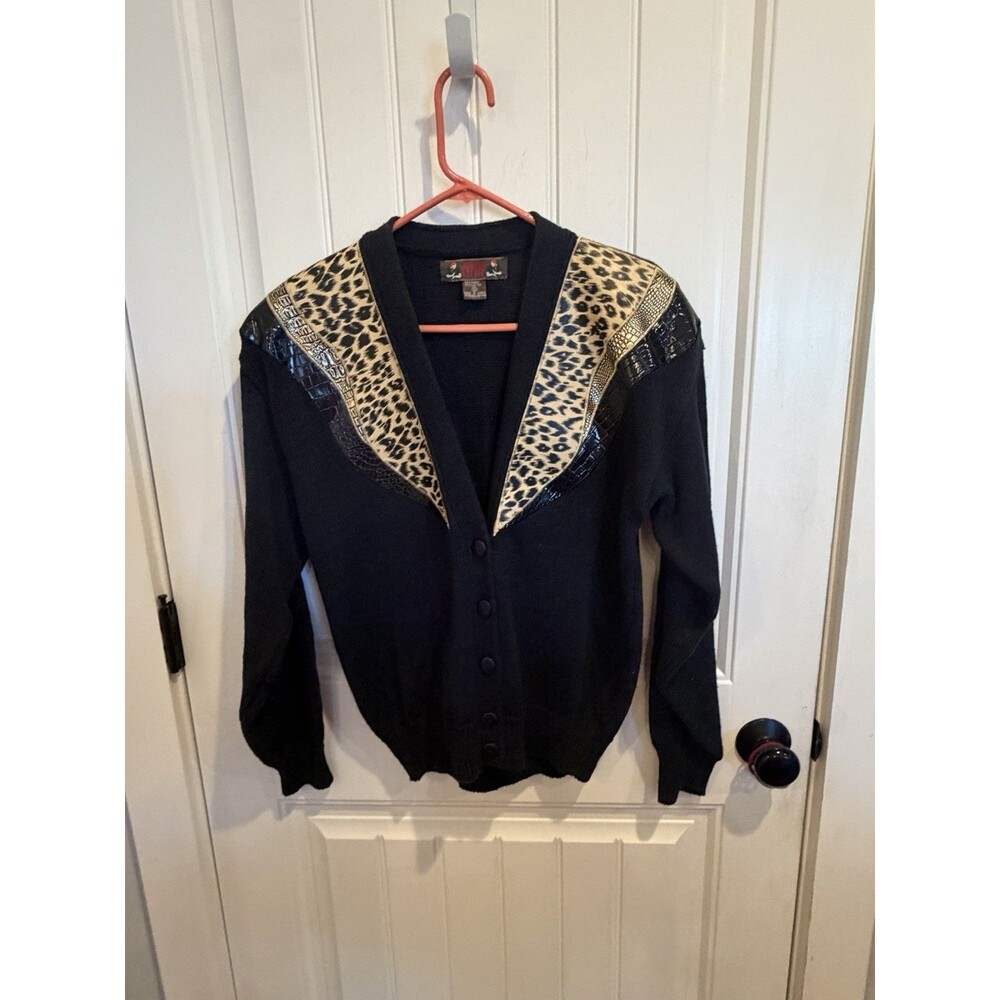 Vintage Jordache Studio Cardigan S Leopard Faux Croc Ramie Cotton 80s Black